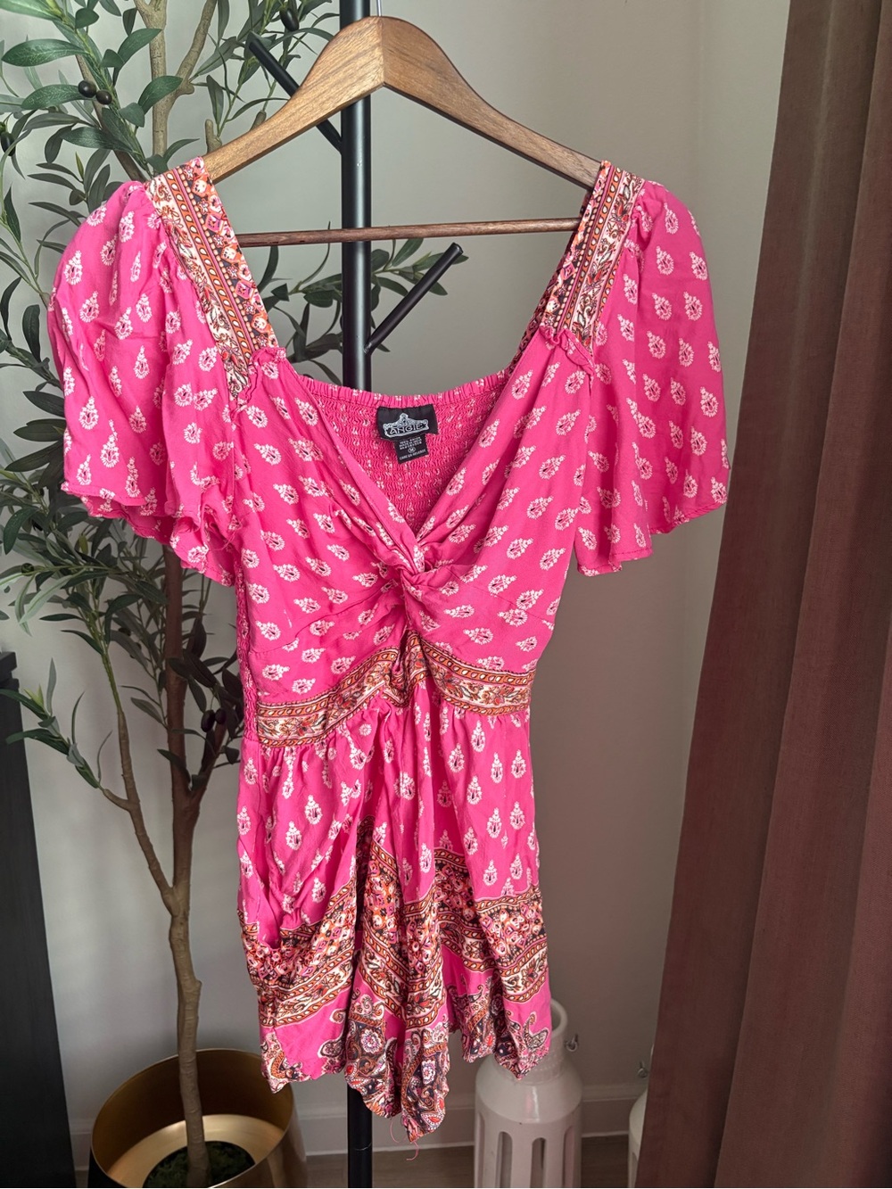 Angie Hot Pink Paisley Knot-Front Tunic